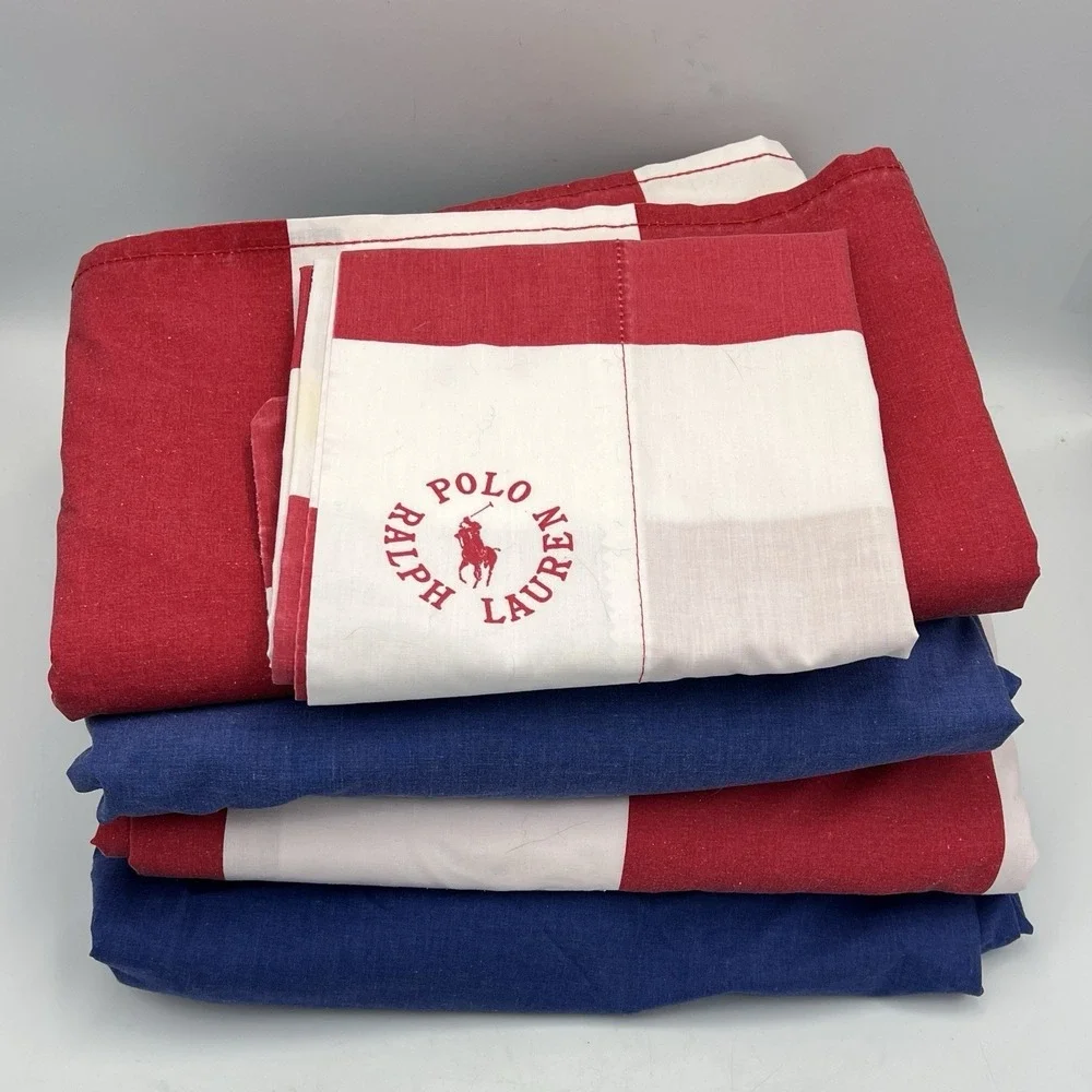 2 Ralph Lauren Twin Sheet Sets; Blue Fitted and Red/white Stripe Flat &cases